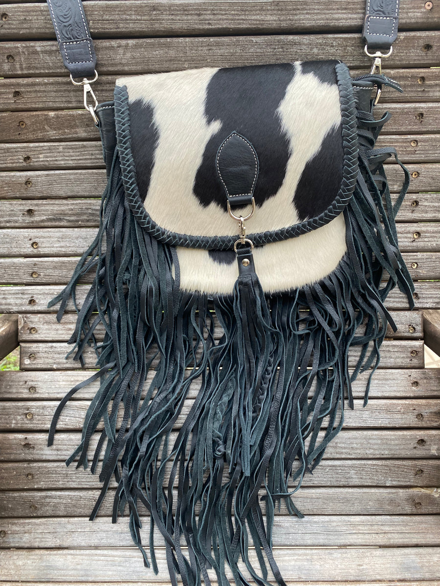 Black & White Cowhide Crossbody Bag with Fringe