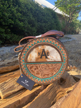 Load image into Gallery viewer, custom canteen purse, monogram custom branded cowhide purse, crossbody circle purse