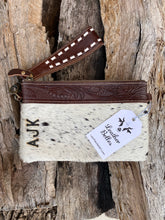 Load image into Gallery viewer, custom cowhide wristlet, initials on purse
