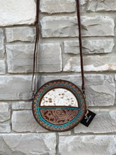 Load image into Gallery viewer, cowhide and tooled leather crossbody purse