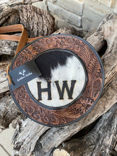 Load image into Gallery viewer, custom branded circle cowhide and tooled leather crossbody purse