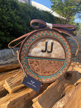 Load image into Gallery viewer, custom branded cowhide canteen purse, crossbody purse, tooled leather canteen purse, teal tooled leather