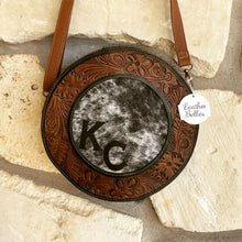 Load image into Gallery viewer, custom branded circle cowhide and tooled leather crossbody purse
