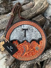 Load image into Gallery viewer, custom branded circle cowhide and tooled leather crossbody purse