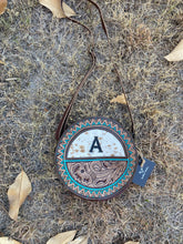 Load image into Gallery viewer, custom branded circle cowhide and tooled leather crossbody purse