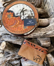 Load image into Gallery viewer, custom branded circle cowhide and tooled leather crossbody purse
