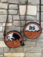 Load image into Gallery viewer, custom branded circle cowhide and tooled leather crossbody purse
