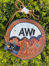 Load image into Gallery viewer, custom branded circle cowhide and tooled leather crossbody purse