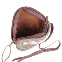 Load image into Gallery viewer, tooled leather canteen purse, inside of canteen purse, leather and cowhide canteen purse
