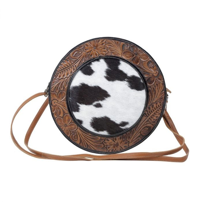 circle cowhide and tooled leather crossbody purse